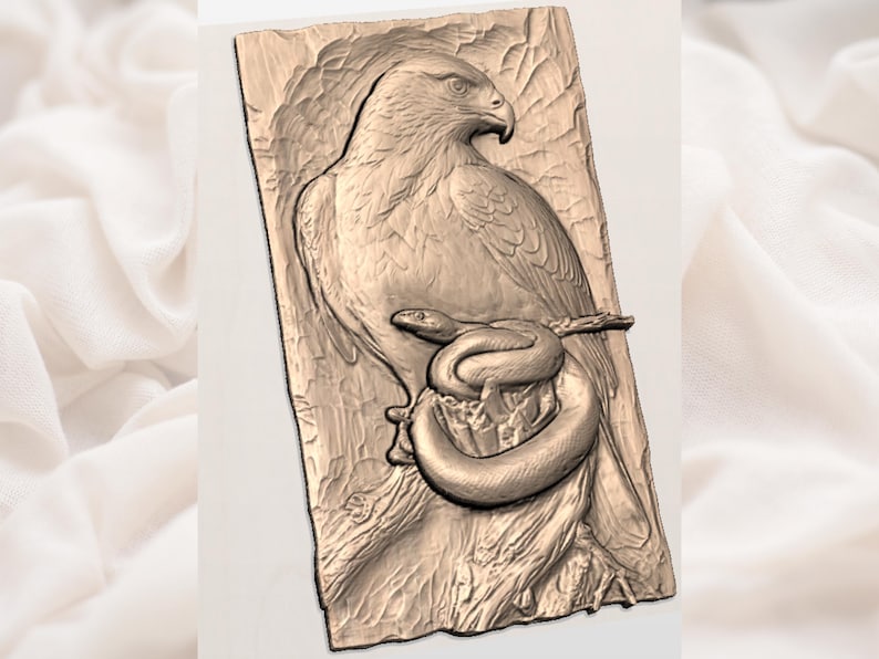 May include: A detailed relief carving of a hawk perched on a tree branch, with a snake coiled around the base. The artwork is rendered in shades of brown, showcasing the bird's feathers and the snake's scales. The carving is rectangular.