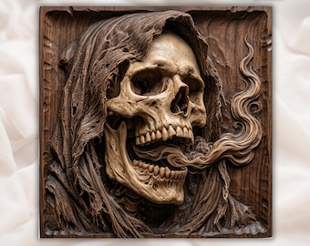 Gothic Hooded Grim Reaper Skull CNC Relief STL | Macabre Horror Wall Art Panel | Memento Mori Wood Carving Design | Dark Fantasy Decor