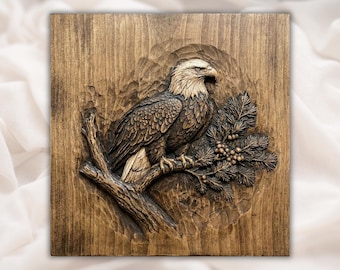 Weißkopfseeadler 3D Relief STL-Datei | Adler auf Ast Holzmaserung CNC Carving | Wildtiere Wand Kunst Panel | 3D-Druck Lasergravur STL