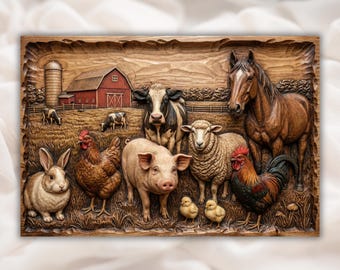 Farm Animals Barn Scene 3D Relief STL for CNC Router | Cow Horse Pig Sheep Chicken Rabbit Wood Carving Panel| Barnyard Animal Collection STL
