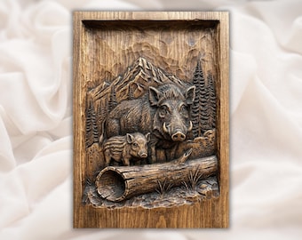 Wild Boar & Piglet 3D Relief STL | CNC Router Wood Carving File | Forest Mountain Wildlife Wall Art Panel | Rustic Cabin Lodge Decor