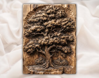 Majestueuze eik 3D STL-reliëf | Gebeeldhouwd houtnerf CNC-freesbestand | Natuurmuurkunst basreliëf voor 3D-printen | Rustieke boomplaquette