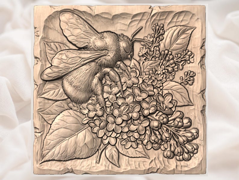 May include: A detailed wood carving of a bee perched on a cluster of flowers and leaves. The bee has textured wings and body, with intricate details on the flowers and foliage. The carving is set on a square wooden block.