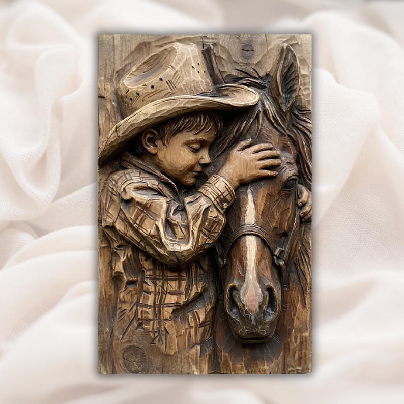 May include: A wooden relief carving depicts a young person in a cowboy hat and plaid shirt embracing a horse. The carving is detailed, showing the textures of the wood and the figures' clothing. The overall color is a warm brown.