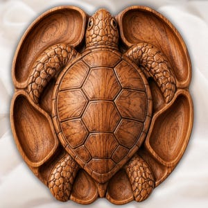 May include: A brown wooden serving tray carved into the shape of a sea turtle. The central turtle figure is surrounded by six distinct, smooth, recessed compartments integrated into the shell and flipper areas, showcasing a natural wood grain.