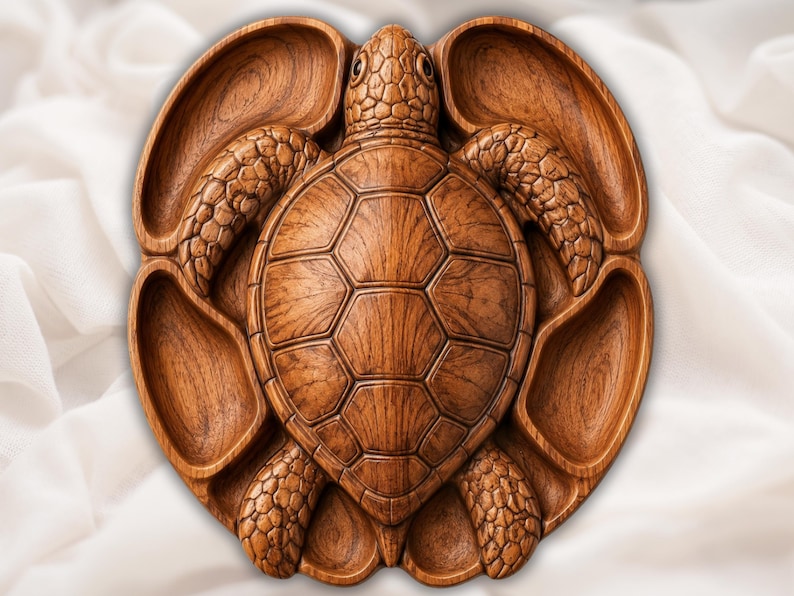 May include: A brown wooden serving tray carved into the shape of a sea turtle. The central turtle figure is surrounded by six distinct, smooth, recessed compartments integrated into the shell and flipper areas, showcasing a natural wood grain.