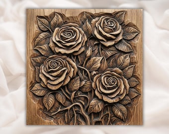 Archivo STL de relieve 3D de rosa / Ramo floral con veta de madera tallado CNC / Panel de arte mural botánico / Impresión 3D y grabado láser