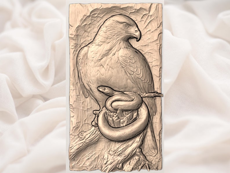 May include: A detailed relief carving of a hawk perched on a tree branch, with a coiled snake at its feet. The artwork is rendered in shades of brown, showcasing the textures of the bird's feathers and the snake's scales. The carving is set against a textured background.
