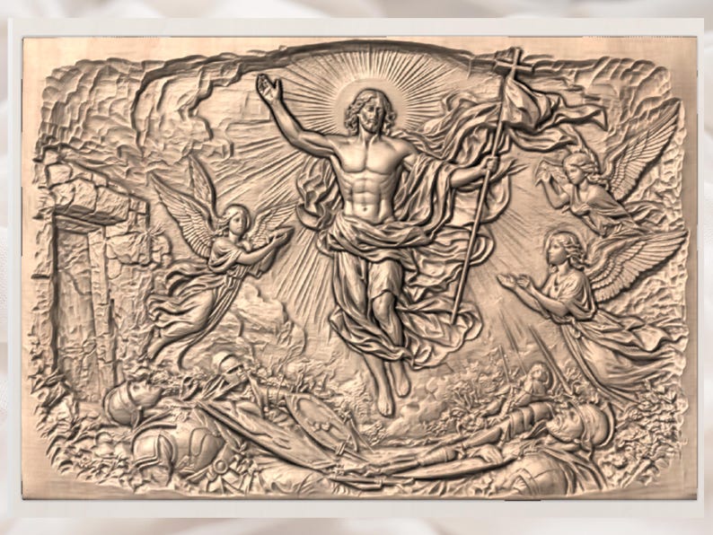 Peut inclure: Sculpture en relief en bois d&eacute;taill&eacute;e repr&eacute;sentant une sc&egrave;ne religieuse. La figure centrale, les bras lev&eacute;s, est entour&eacute;e d'anges et de soldats. La sculpture est dans des tons bruns et beiges, avec des d&eacute;tails complexes.