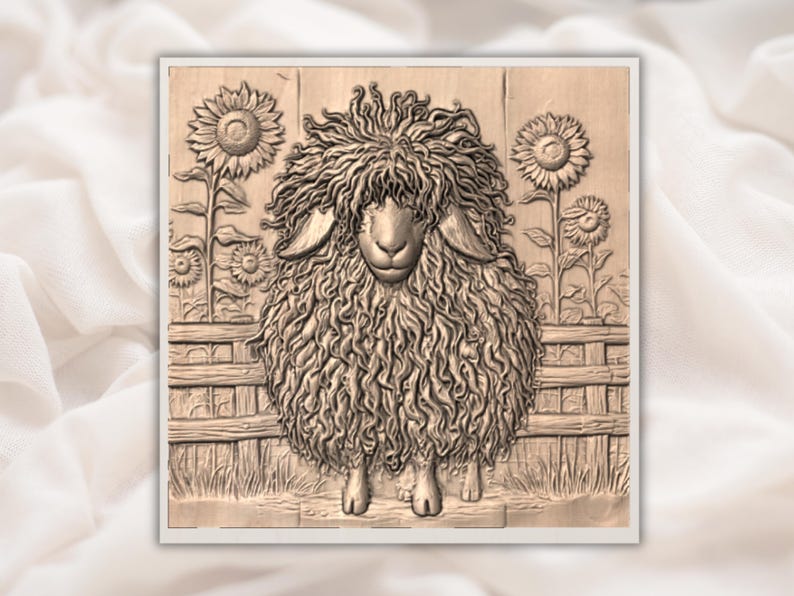 May include: A wooden relief carving of a sheep with a thick, curly coat, standing in front of a wooden fence and sunflowers. The artwork is framed in a white border and has a detailed, textured appearance.