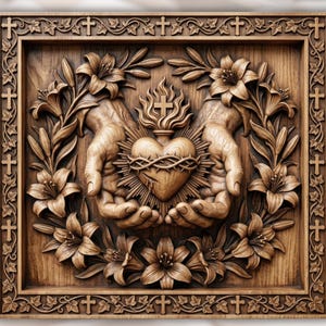 May include: A square wooden wall plaque featuring a detailed relief carving of two hands cupping a flaming heart encircled by a crown of thorns. The central motif is surrounded by a floral wreath of lilies and a border decorated with small crosses.