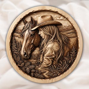 Western Cowgirl with Horse 3D Relief STL view 1