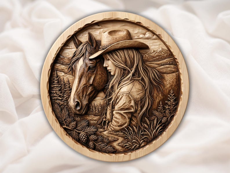 Western Cowgirl with Horse 3D Relief STL