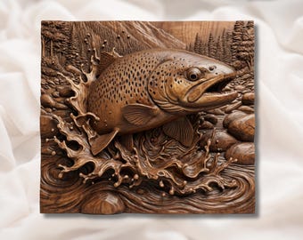Trout Fish 3D Relief STL | Jumping River Trout Splash Wall Art Panel | CNC Router 3D Print Laser Engrave File