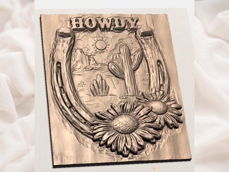 Howdy Western 3D-relief STL-fil | Hästsko, kaktus, solros, träådring CNC-snideri | Cowboy-väggkonst | 3D-utskrift och lasergravering bild 3