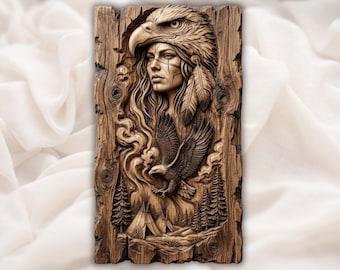Native Chief File | Headdress Profile Carving | Wolf Spirit Decor | Western Cabin Artwork | Engraved Wood Look | Heritage Wall Plaque