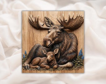 3D-reliëf van eland en kalf STL | Wild moeder baby eland houtnerf snijwerk | CNC-routerbestand, 3D-print, lasergravure | Woondecoraties