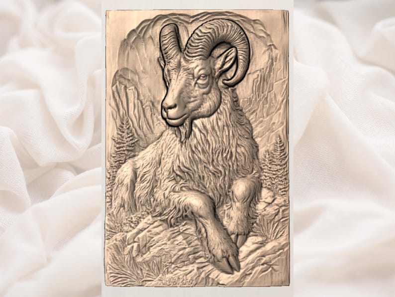 Mountain Goat 3D Relief STL | CNC Router Wood Carving File | Bighorn Sheep Ram Wildlife Wall Art Panel | Rustic Cabin Lodge Decor image 3