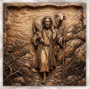 Good Shepherd Carrying Lamb 3D Relief STL view 1
