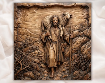Good Shepherd Carrying Lamb 3D Relief STL | Jesus Shepherd Christian CNC Router Wood Carving Panel | Bible Scene Bas-Relief