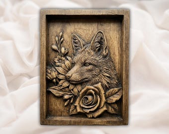Lis Kwiatowy Relief 3D STL | Plik do rzeźbienia w drewnie CNC | Panel ścienny z motywem głowy lisa i róży | Rustykalny wystrój z motywem dzikiej przyrody | Grawerowanie laserowe i druk 3D