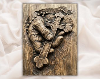 Hand Holding Cross 3D Relief STL File | Christian Rosary Crucifix Wood Grain Carving | Religious Faith Wall Art | 3D Print & Laser Engraving