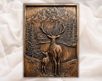 Hirsch und Rehkitz 3D STL-Datei | Hirsch Familie CNC Fräser Relief | Bergsee Cabochon Wald Holz Carving Style Panel | Rustikale Hüttenwanddekoration