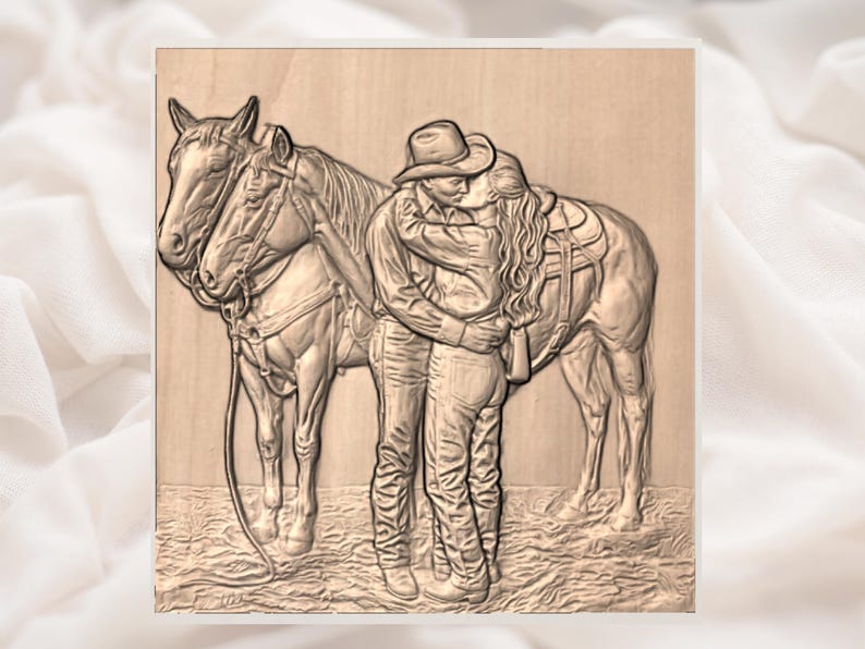 May include: A wooden relief carving depicts a couple embracing in front of two horses. The man wears a cowboy hat and shirt, while the woman has long hair. The horses are saddled and bridled, suggesting a Western or equestrian theme.