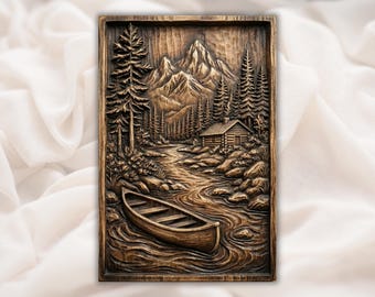 Canoe Lake Mountain 3D Relief STL | CNC Router Wood Carving File | Forest Cabin River Landscape Wall Art Panel | Rustic Outdoor Lodge Decor