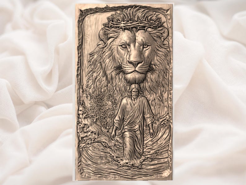 May include: A detailed relief carving in shades of brown depicts a lion with a crown of thorns above the head of a figure walking on water. The figure is wearing a robe. The artwork is framed.