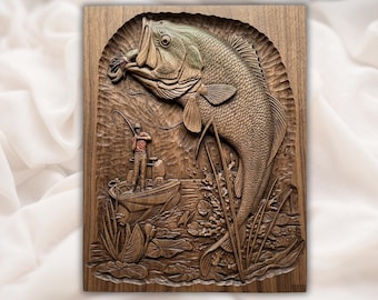 Rzeźba 3D z połowu bassów wielkogębowych (STL) | Rzeźba wędkarska z łodzi do skakania bassów | Sztuka w jaskiniach dla mężczyzn | Scena połowu bassów z łodzi (STL) | Olbrzymi plusk ryb