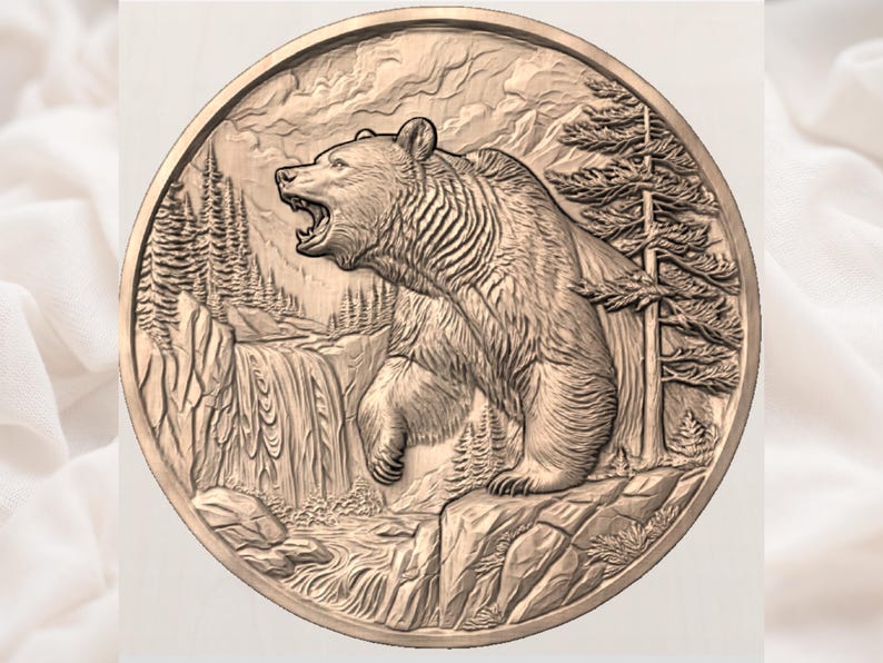 May include: A detailed relief carving of a grizzly bear roaring, set within a circular frame. The bear is depicted in a naturalistic style, with fur texture and muscular definition. The background includes a waterfall, trees, and rocky terrain.