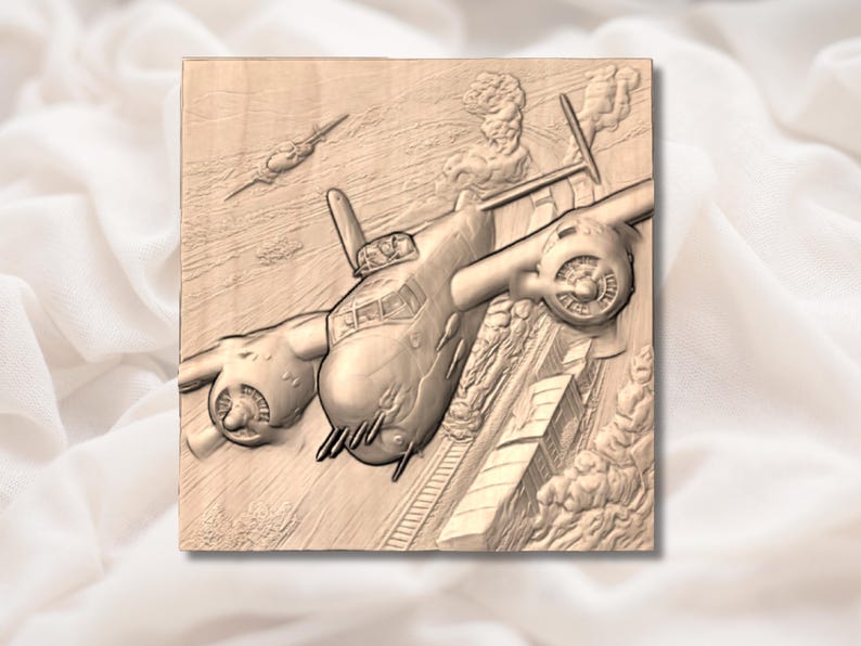 May include: A wooden relief carving of a vintage airplane in flight, with a second plane in the background. The artwork is detailed, showing the plane's propellers, windows, and the landscape below. The carving is in shades of brown.