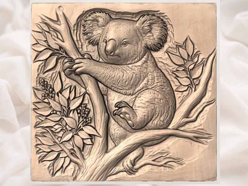 May include: A detailed wood carving of a koala bear perched on a tree branch, surrounded by leaves and berries. The carving is in shades of brown and tan, with intricate details in the fur and foliage. The koala is the central focus of the artwork.