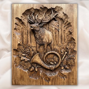 May include: A detailed wood carving of a deer in a forest scene. The artwork features a stag with large antlers, a hunting horn, and oak leaves. The carving is done on a rectangular wooden panel, showcasing intricate details and textures.