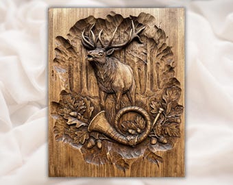 Elk Deer Hunting 3D Relief STL | CNC Router Wood Carving | Forest Wildlife Wall Art Panel | Hunting Horn Decor | Laser Engraving & 3D Print