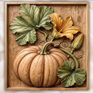 May include: A square wooden wall plaque featuring a high-relief carving of a large pumpkin with textured skin. The carving includes detailed green leaves with water droplets, a blooming yellow flower, a closed bud, and curling vines.