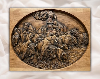 Bison Herd STL Relief | Buffalo Train Scene 3D Carving File for CNC Router | Western Wildlife Oval Wall Art Panel | Home Decor
