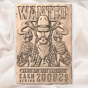 Wanted Poster Outlaw 3D Relief STL view 3