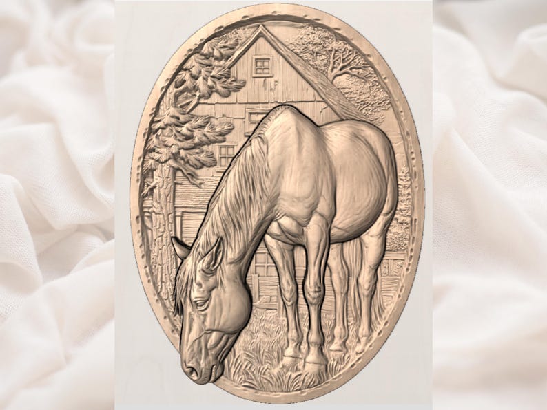 May include: A detailed, oval-shaped relief carving of a horse grazing in front of a barn and trees. The horse is in profile, with its head lowered. The carving is in a warm, neutral tone, suggesting wood or a similar material.