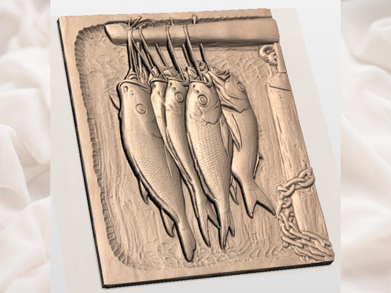 May include: A wooden relief carving depicting five fish hanging from a wooden beam. The fish are detailed with scales and fins, and the carving has a rustic, textured appearance. A wooden post with a chain is on the right side.