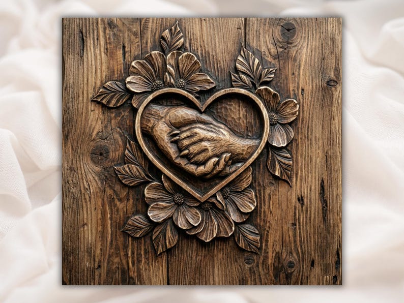 Heart with Hand Holding Dog Paw 3D Relief STL File