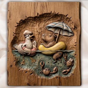 May include: A carved wooden plaque featuring a duck and a capybara relaxing in a pool. The duck wears a chef's hat and a life preserver, while the capybara floats with a yellow tube and a striped umbrella. Two crabs are also present.