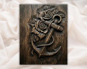 Anchor and Roses 3D Relief STL File | Nautical Floral Wood Grain CNC Carving | Coastal Wall Art Panel | 3D Print & Laser Engraving