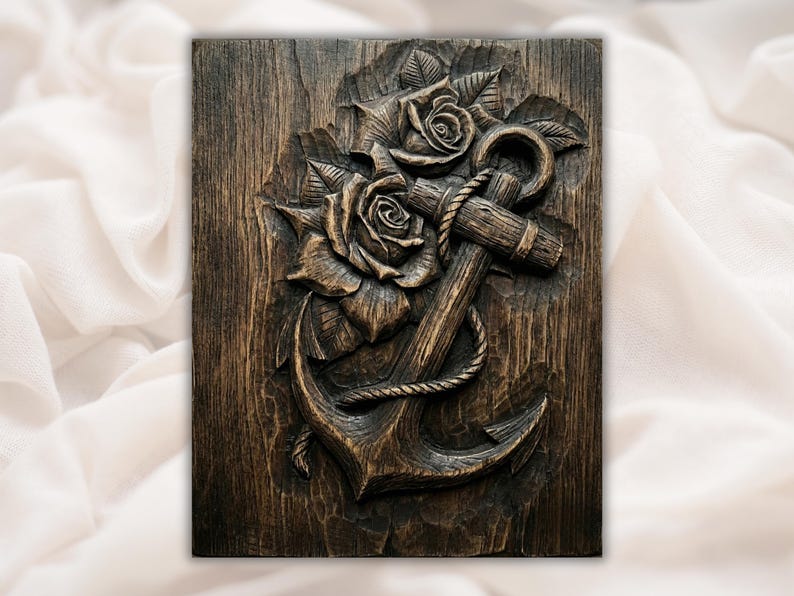 Anchor and Roses 3D Relief STL File