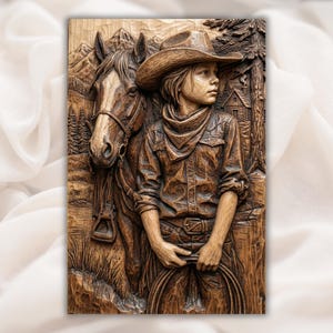 Cowboy Kid and Horse 3D Relief STL File view 1