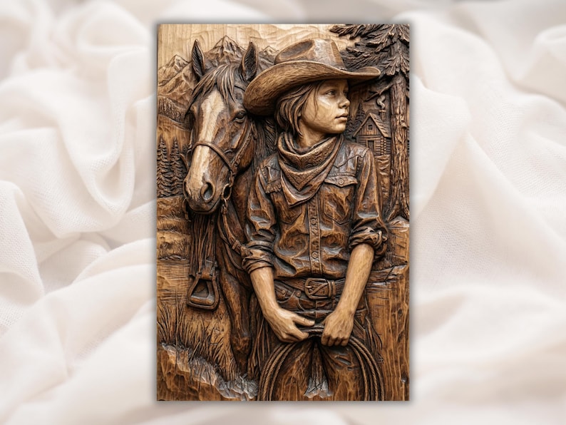 Cowboy Kid and Horse 3D Relief STL File