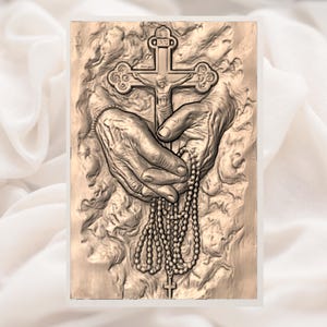 Hands Holding Cross & Rosary 3D Relief STL view 2