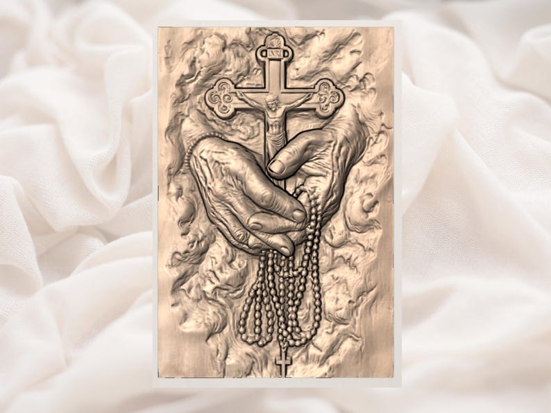 May include: A detailed relief carving depicting hands holding a crucifix and a rosary. The cross features a figure of Jesus. The rosary beads hang down, and the hands are intricately detailed. The artwork is in shades of brown and beige.