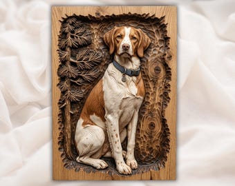 Figura de perro Spaniel bretón / Cachorro sentado tallado / Decoración de pared para cabaña con temática de mascotas / Fondo de árbol del bosque / Aspecto de madera grabada / Regalo para amantes de los perros